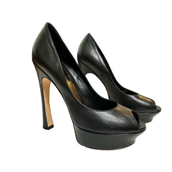 Yves Saint‎ Laurent Black leather peep toe chunky platform pumps size 38